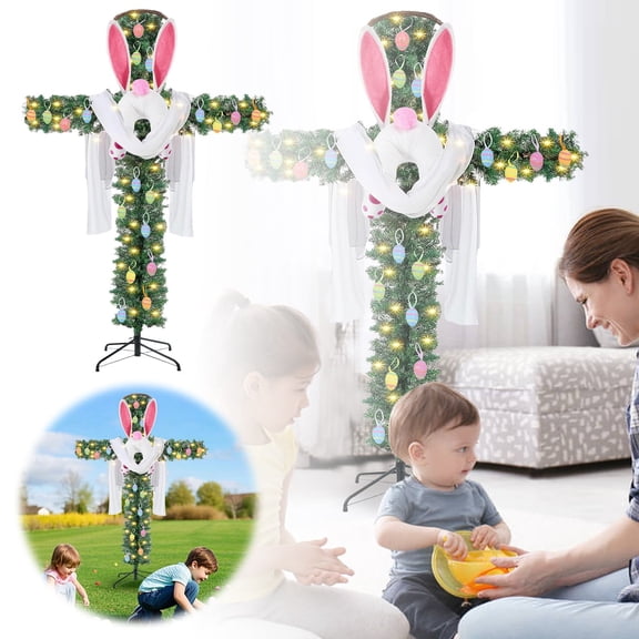 nTRIUQJ Easter Spring Floral Decorative Garland Featuring Green and Adorable Rabbit with Integrated Twinkling Lights for Effortless Hanging Display Green