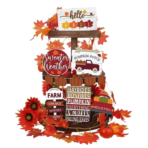 nTRIUQJ Fall Tiered Tray Set Farmhouse Wood Signage for Home and Kitchen Thanksgiving Decoration Orange