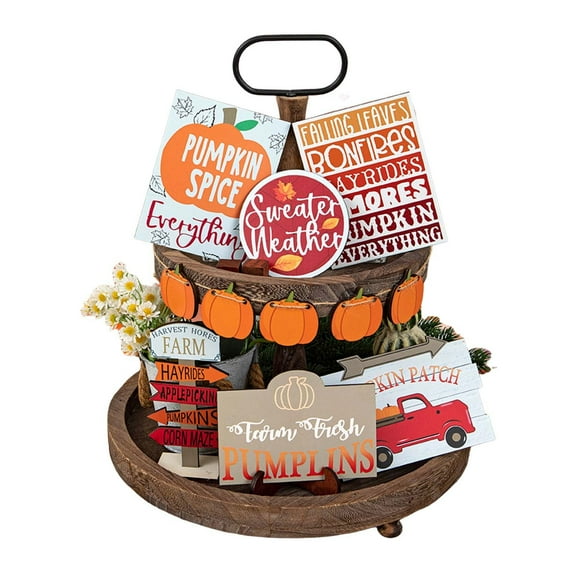 nTRIUQJ Fall Tiered Tray Set - Stylish Home Décor for Thanksgiving with Farmhouse Wood Signage for Pumpkin Theme Table Arrangements C