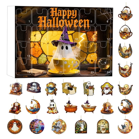 nTRIUQJ Halloween Christmas Tree 2D Acrylic Reading Ornament Calendar Set with Bookish Design for Festive Countdown Yellow