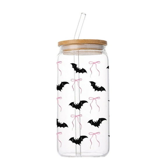 nTRIUQJ Halloween Gifts Cute Basket Stuffers for Women, Teens, Kids - Halloween Pumpkin Cups 16oz Glass Tumbler w/Lid and Straw - Trick or Treat Party Favors Fall Decor Black1