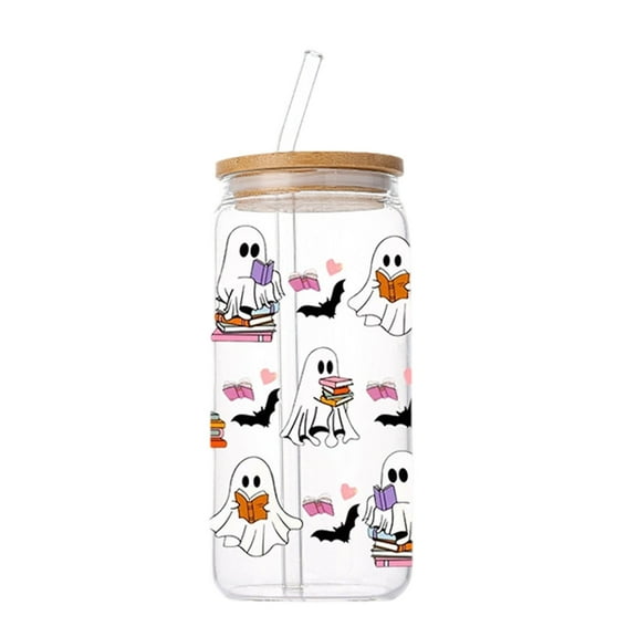 nTRIUQJ Halloween Gifts Cute Basket Stuffers for Women, Teens, Kids - Halloween Pumpkin Cups 16oz Glass Tumbler w/Lid and Straw - Trick or Treat Party Favors Fall Decor White4