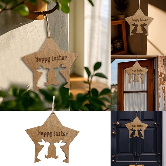 nTRIUQJ Hollow Bunny Star Wooden Plaque Easter Spring Hanging Ornament for Holiday Party Decorations and Home Craft Brown