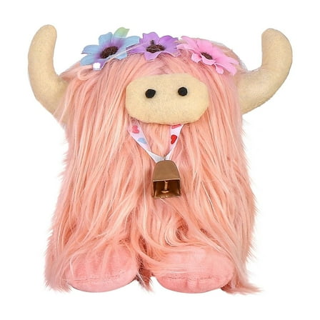 nTRIUQJ Scottish Cow Toy Realistic Long Hair Floral Cuddly Stuffed Animal Pink