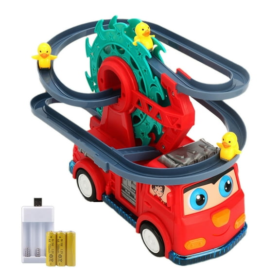 nTRIUQJ USB Rechargeable Fire Truck Adventure Track Set with Climbing Stairs Rolling Action Music and Light Effects for Red