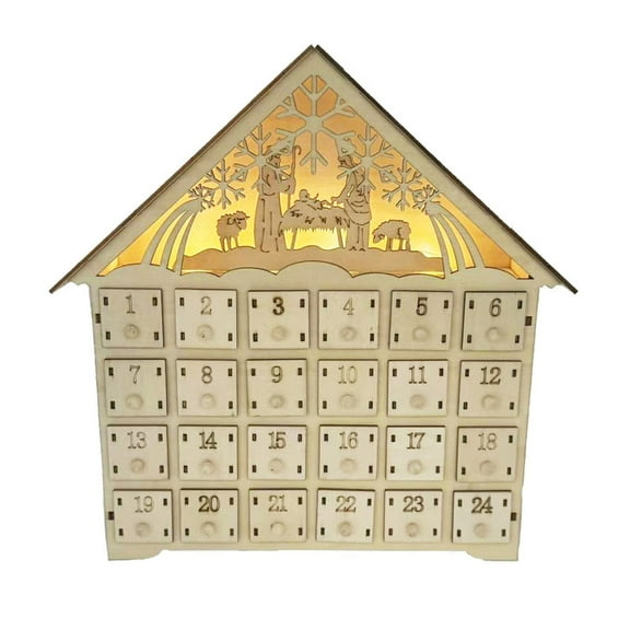 nTRIUQJ Wooden Christmas Advent Calendar, Nativity Scene Advent Calendar House Box with 24 Drawers and Warm LEDs Countdown Calendars for Christmas Decoration 2025 Beige