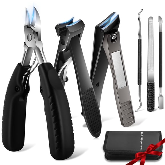 Behome Toenail Clippers for Thick Toenails, 6 Pcs Heavy Duty Nail Clipper Set for Seniors & Men, Angled Head Large Toe Nail Clippers with Wide Opening, Long Handle & Case