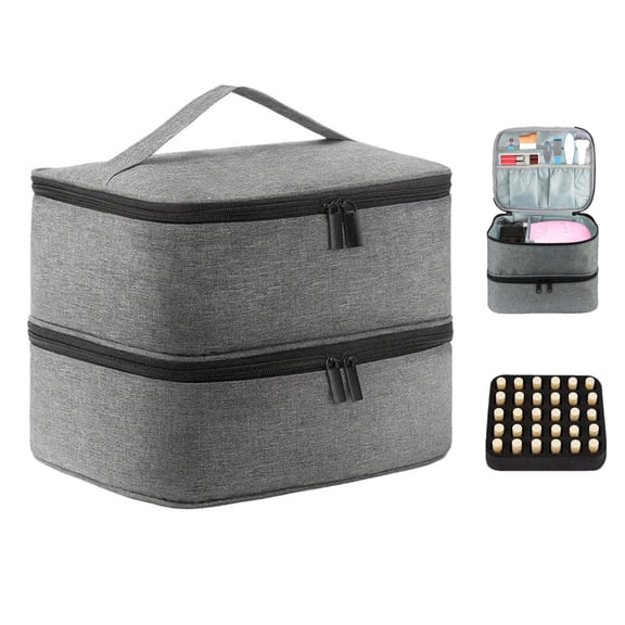 Behome Double Layers Nail Polish Organizer Bag, Nail Kit Organizer Holds 30 Bottles & Nail Lamp, Nail Polish Carrying Case with Manicure Tools Storage Sections, Grey