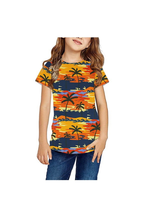 Baby Boys Girls Short Sleeve Top Hawaiian Summer Beach T-Shirt Tropical Palm Tree Seaside Print Crewneck Tees Multicolor Size 7-8 Years