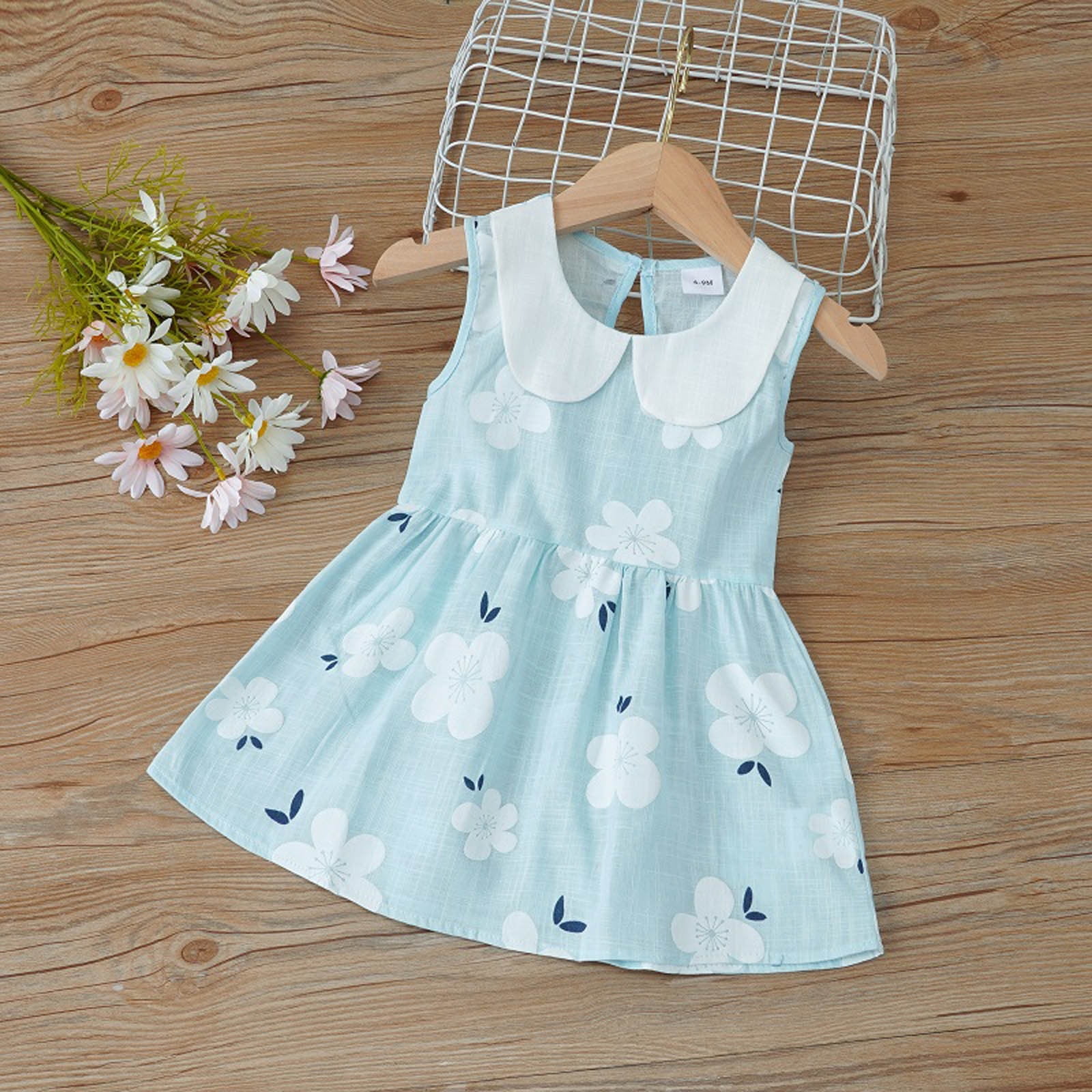 naisibaby Baby Girls Cute Sleeveless Doll Collar Dress Flower Print Princess Dress for Toddler Kids Blue Size 3 Years
