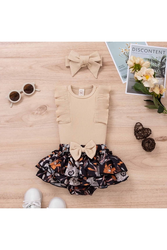 Baby Girls Round Neck Sleeveless Jumpsuit Stripe Lace Patchwork Flower Print Jumpsuit Beige Size 90