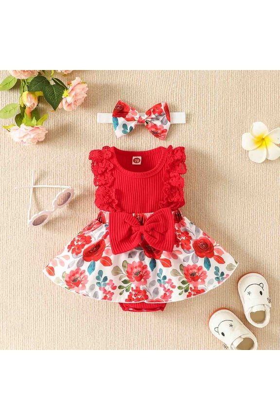 Baby Girls Round Neck Sleeveless Jumpsuit Stripe Lace Patchwork Flower Print Jumpsuit Red Size 90