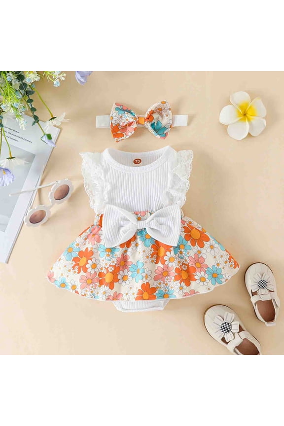 Baby Girls Round Neck Sleeveless Jumpsuit Stripe Lace Patchwork Flower Print Jumpsuit White Size 90
