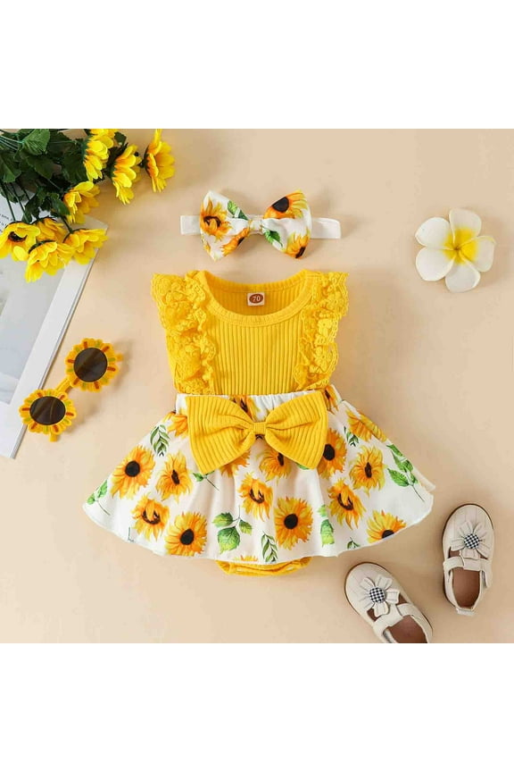 Baby Girls Round Neck Sleeveless Jumpsuit Stripe Lace Patchwork Flower Print Jumpsuit Yellow Size 90