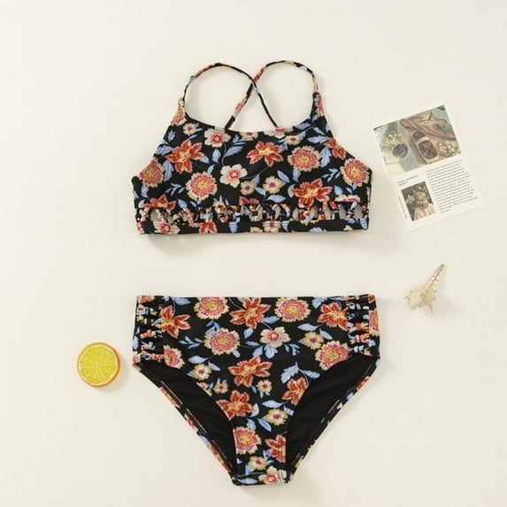 naisibaby Baby Girls Swimsuit 2 Pieces Set Summer Kids Printed Swimwear Black Size 6T