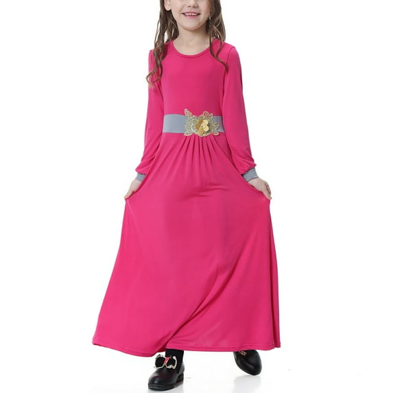 naisibaby Big Girls Muslim Long Dress, Medium Long Sleeve Crew Neck Colorblock Dress Hot Pink 12-13T