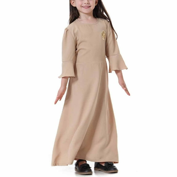 naisibaby Big Girls Muslim Long Dress, Medium Long Sleeve Crew Neck Colorblock Dress Khaki 14-15T