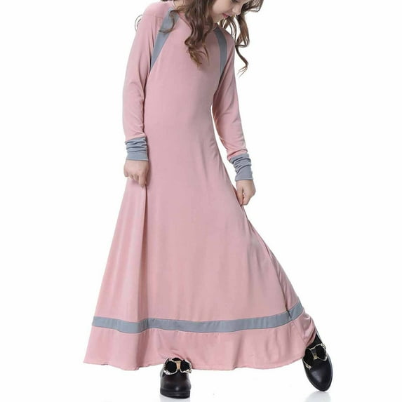 naisibaby Big Girls Muslim Long Dress, Medium Long Sleeve Crew Neck Colorblock Dress Pink 16-17T