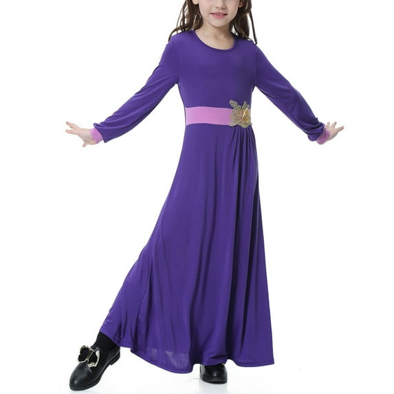 naisibaby Big Girls Muslim Long Dress, Medium Long Sleeve Crew Neck Colorblock Dress Purple 10-11T