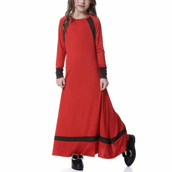 naisibaby Big Girls Muslim Long Dress, Medium Long Sleeve Crew Neck Colorblock Dress Red 14-15T
