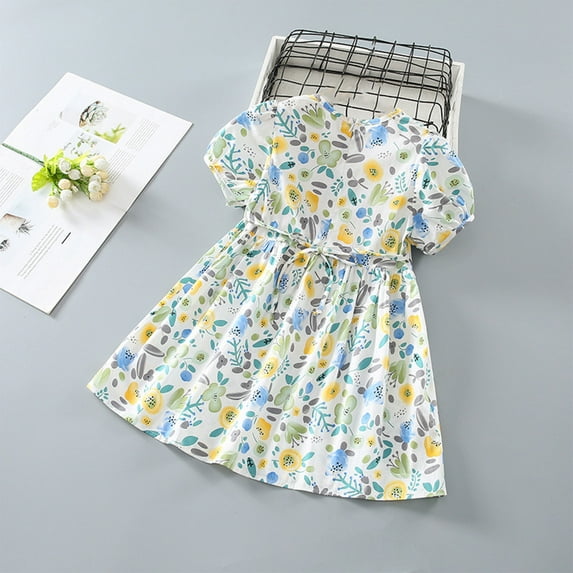 naisibaby Summer Baby Girls Floral Printed Cotton Skirt, Kids Bubble Sleeve Cute Dress Blue 2T