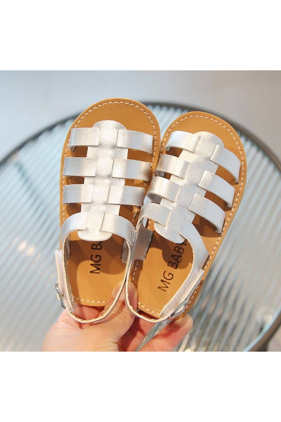 Summer Baby Girls New Fashion Slip Beach Shoes, Kids Korean Braid Sandals Silver 18-24 Months