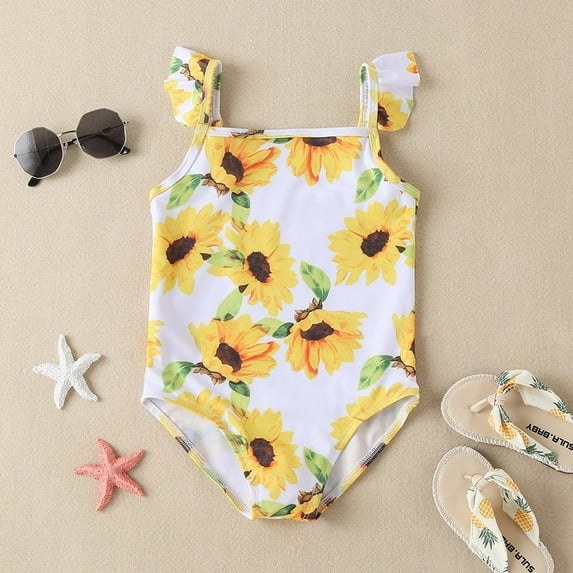 naisibaby Summer Baby Girls Ruffle Trim Bikini Swimsuit, Kids Cute Printed One Piece Swimwear White 2-3 T