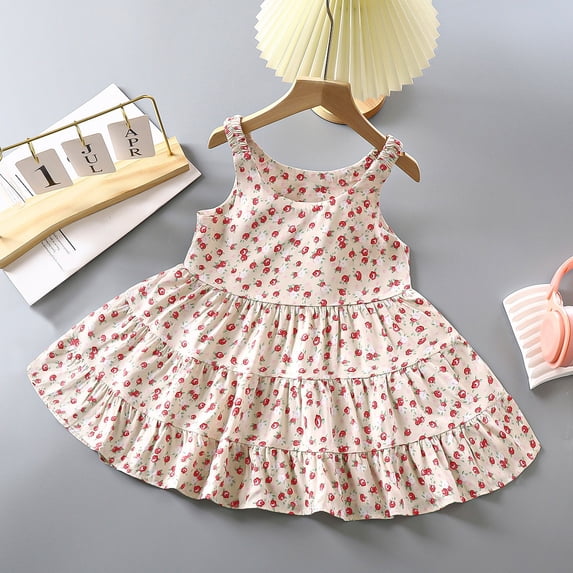 naisibaby Summer Baby Girls Sleeveless Floral Printed Skirt, Kids Princess Slip Dress Nightdress Beige 12T