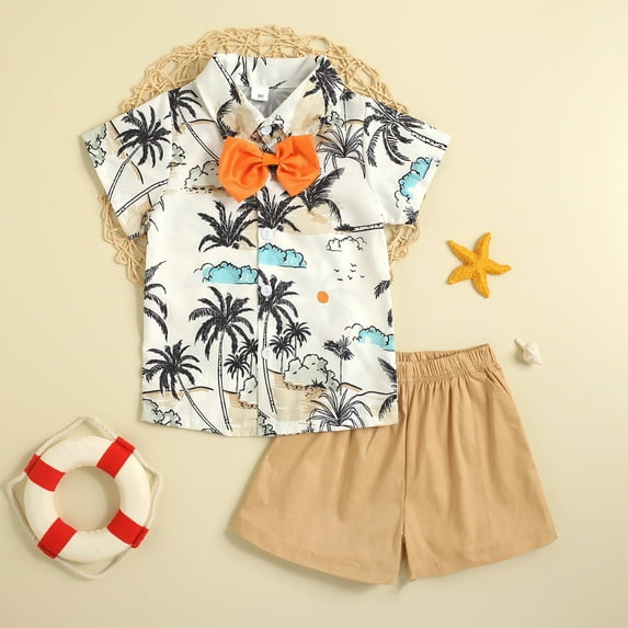 naisibaby Summer Boys Beach Style Cotton Suit, Kid Coconuts Tree Printed Short Sleeve Tie Shirt Shorts Set White 3T