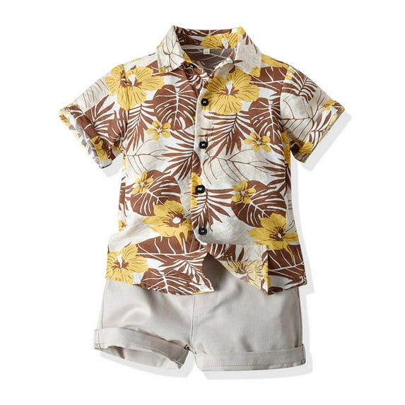 naisibaby Summer Boys Beach Style Cotton Suit, Kid Printed Short Sleeve Shirt Shorts Two-piece Set Khaki 18-24 Months