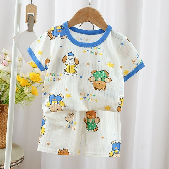 naisibaby Summer Boys Girls Casual Printed Outfits, Kids Round Neck Short Sleeve Shorts Cotton Set Blue 6-12 Months