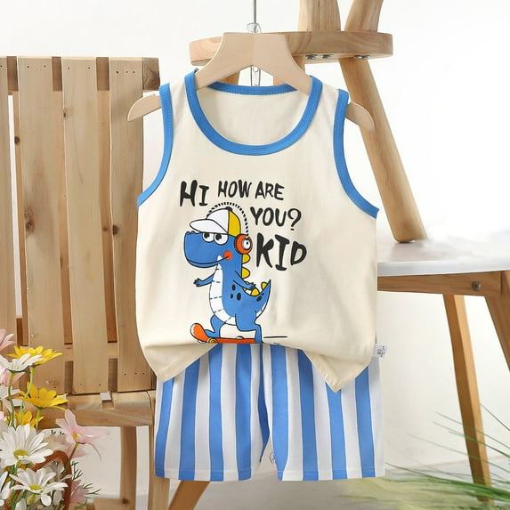 naisibaby Summer Children's Sleeveless Top Shorts Air-conditioned Home Clothing, Kids Boys Girls Printed Cotton Casual Set Light Blue 5 T