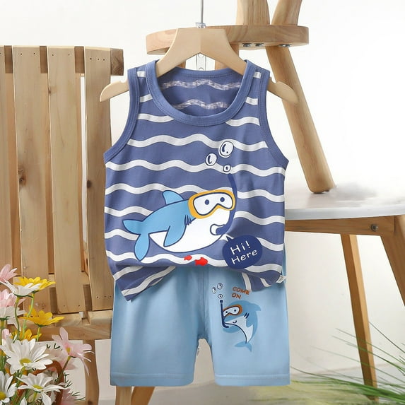 naisibaby Summer Children's Sleeveless Top Shorts Air-conditioned Home Clothing, Kids Boys Girls Printed Cotton Casual Set Navy 9 Months