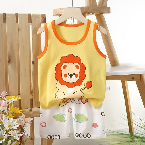 naisibaby Summer Children's Sleeveless Top Shorts Air-conditioned Home Clothing, Kids Boys Girls Printed Cotton Casual Set Yellow 2 T
