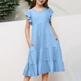 thumbnail image 1 of naisibaby Summer Fashion Girls New Short Sleeve Skirt, Ruffled Pockets Round Neck Solid Color Dress Blue 14T, 1 of 7