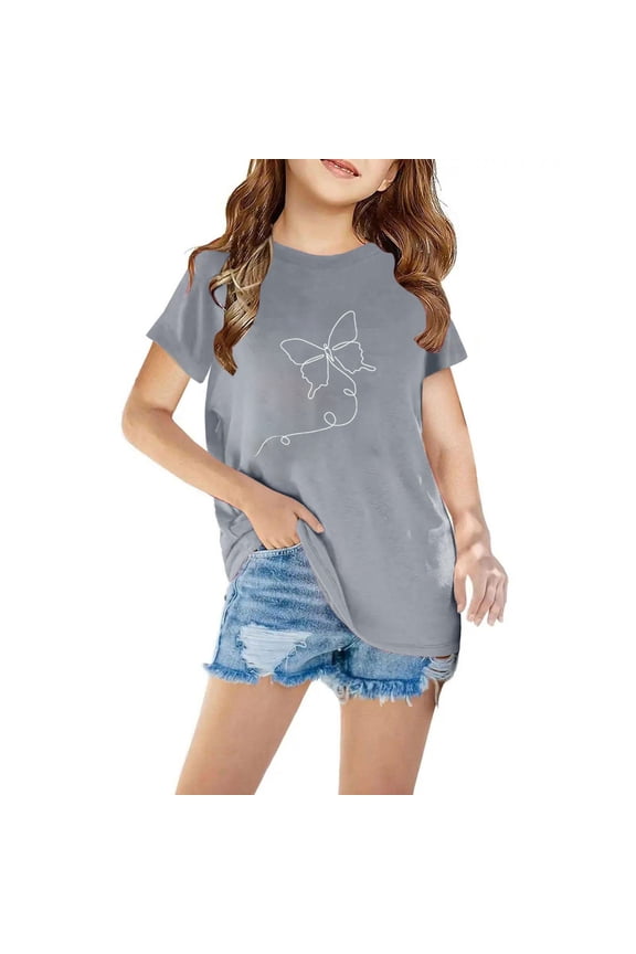 Summer Girls Boys Round Neck Short Sleeve T-Shirt, Kids Unisex Printed Casual Daily Top Gray 7-8T
