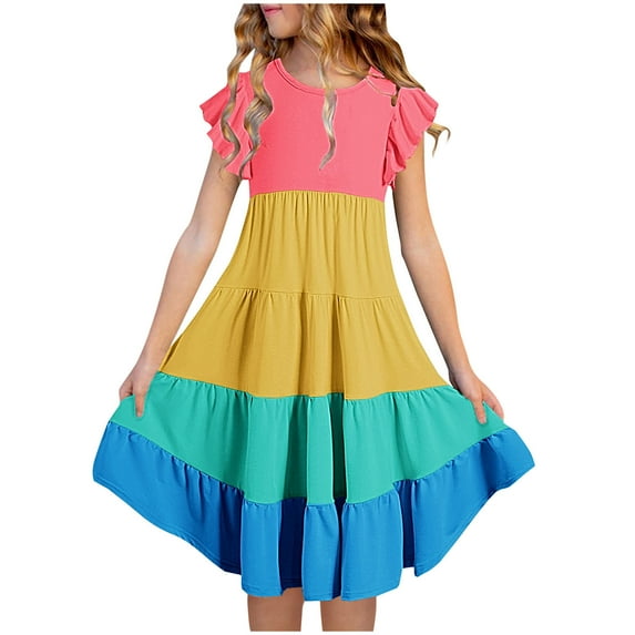 naisibaby Summer Girls Fashion Solid Color Patchwork Dress, Kids Ruffled Short Sleeve Round-Neck Dress Yellow 120