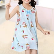 naisibaby Summer Girls Nightgowns Sleepwear, Sleeveless Printed Daily Casual Pajamas Dress Sky Blue 7T