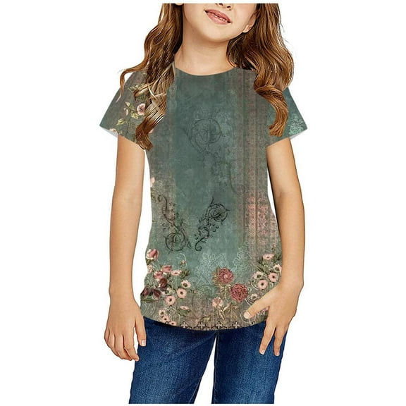 naisibaby Summer Kids Crew Neck Graphic Printed Short Sleeve T-Shirt, Baby Boys Girls Casual Daily Tops Green 5-6 T