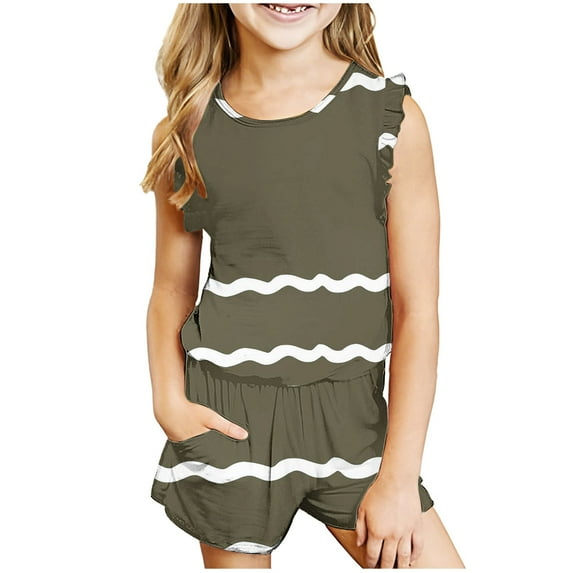 naisibaby Summer Kids Girls Fashion Printed Casual Suits, Childrens Crew Neck Sleeveless Tops Shorts Sets Army Green 100