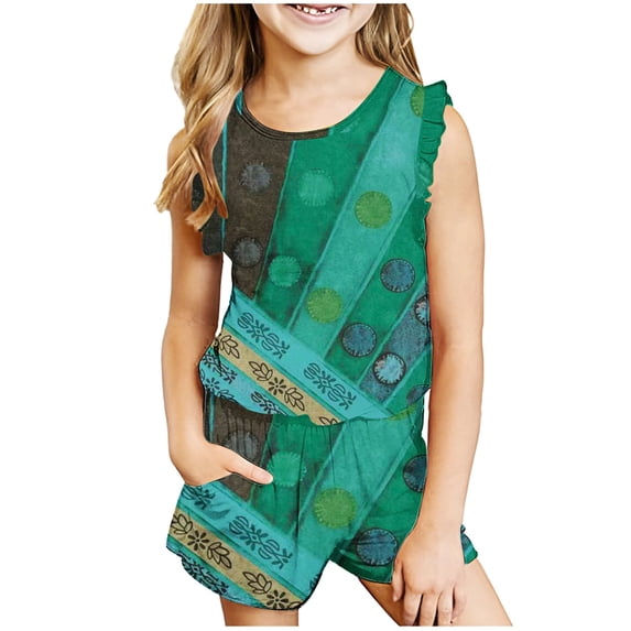 naisibaby Summer Kids Girls Fashion Printed Casual Suits, Childrens Crew Neck Sleeveless Tops Shorts Sets Green 150