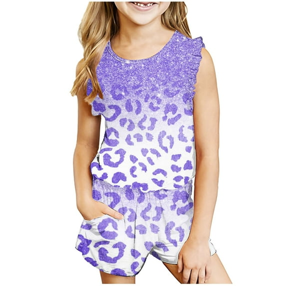 naisibaby Summer Kids Girls Fashion Printed Casual Suits, Childrens Crew Neck Sleeveless Tops Shorts Sets Purple 120