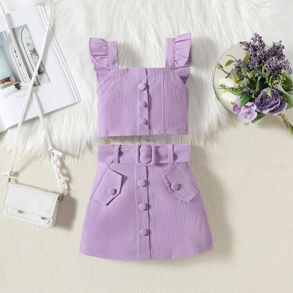 naisibaby Summer New Girls Solid Color Outfits, Kids Sleeveless Top Short Skirts 2Pcs Set Purple 3T