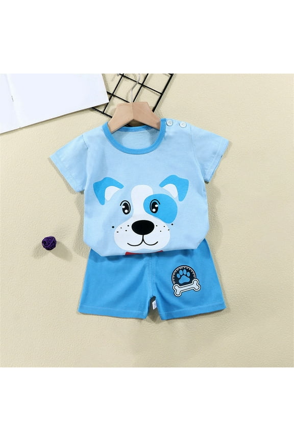 Summer Toddler Baby Boys Girls Cute Casual Outfits, Kids Printed Short Sleeve Shorts Cotton Suit Blue 18-24 Months