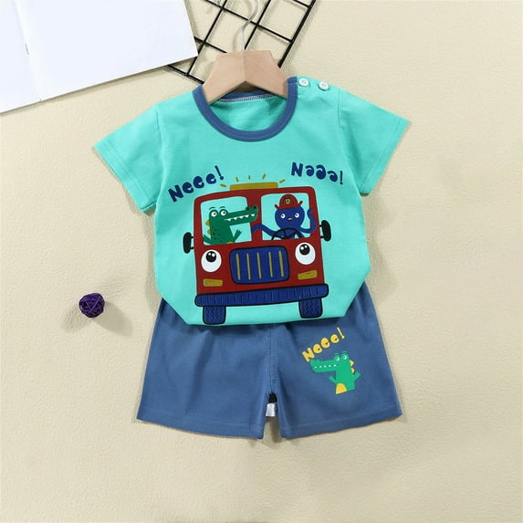 naisibaby Summer Toddler Baby Boys Girls Cute Casual Outfits, Kids Printed Short Sleeve Shorts Cotton Suit Green 2-3 T