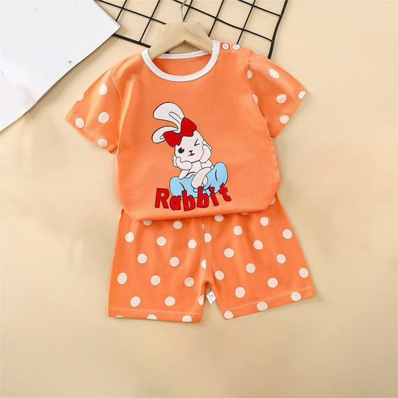 naisibaby Summer Toddler Baby Boys Girls Cute Casual Outfits, Kids Printed Short Sleeve Shorts Cotton Suit Orange 6-9 Months