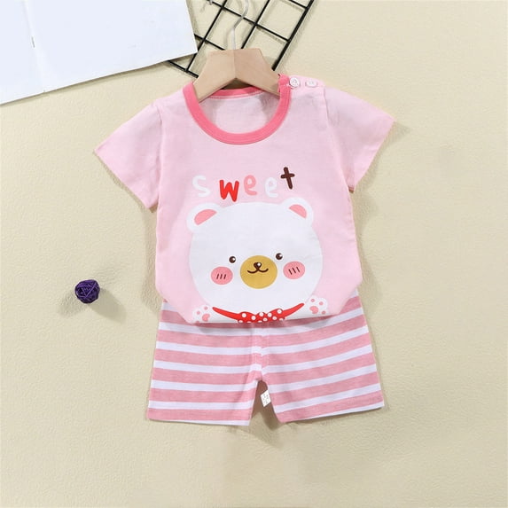 naisibaby Summer Toddler Baby Boys Girls Cute Casual Outfits, Kids Printed Short Sleeve Shorts Cotton Suit Pink 18-24 Months