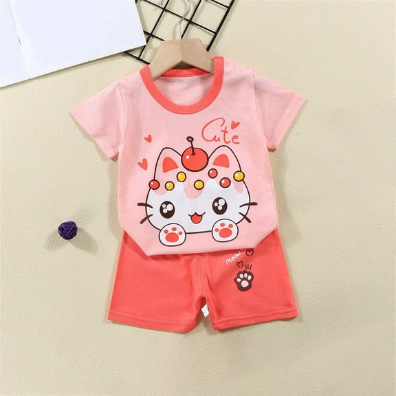 naisibaby Summer Toddler Baby Boys Girls Cute Casual Outfits, Kids Printed Short Sleeve Shorts Cotton Suit Pink 5-6 T