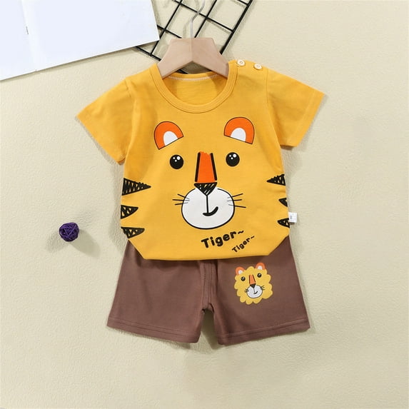 naisibaby Summer Toddler Baby Boys Girls Cute Casual Outfits, Kids Printed Short Sleeve Shorts Cotton Suit Yellow 18-24 Months