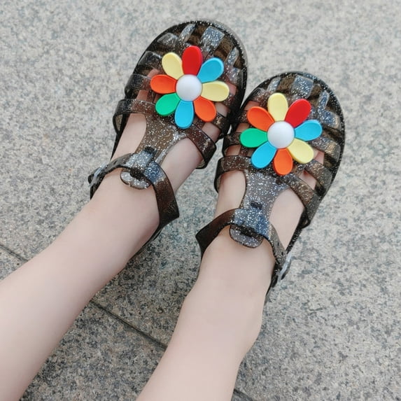 naisibaby Summer Toddler Girls Cute Fruit Jelly Colors Shoes, Kids Hollow Out Non-slip Soft Sole Beach Roman Sandals Black 2-3T